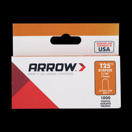 Heavy-duty ARROW T25 11mm staples designed for secure cable fastening, ideal for professionals and DIY enthusiasts.