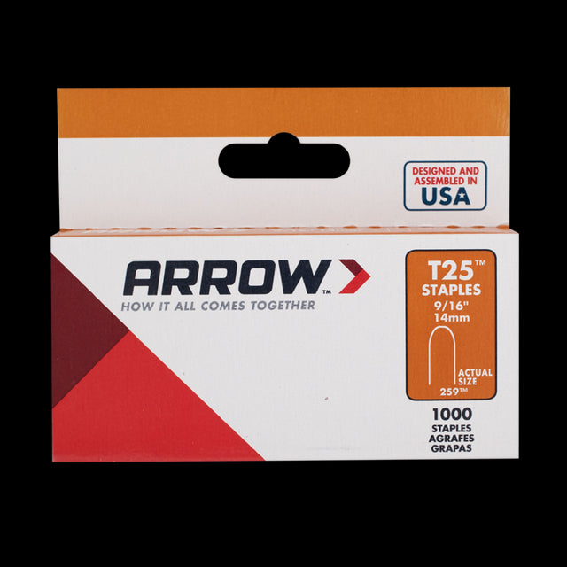 ARROW T25 14mm Staples for secure wiring, heavy-duty steel, 1000 pack, ideal for CAT5, CAT6, RG6, and phone cables.