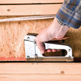 Arrow T25 Cable Staple Gun with chrome finish, designed for low voltage wiring up to 1/4", featuring a jam-resistant mechanism.