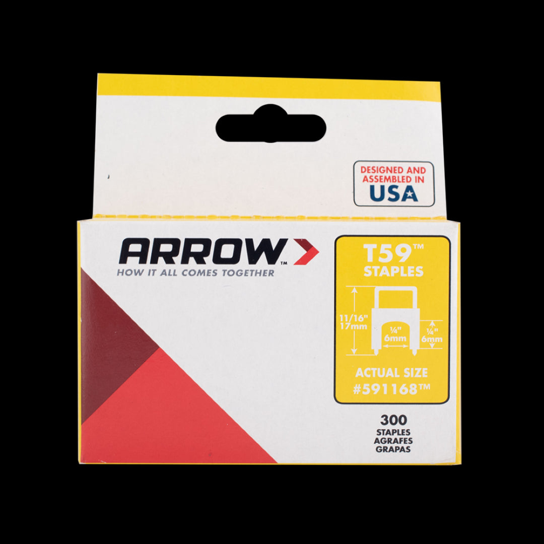 ARROW T59 Insulated Clear Staples, 300-pack, durable steel with transparent insulator, ideal for secure cable fastening.