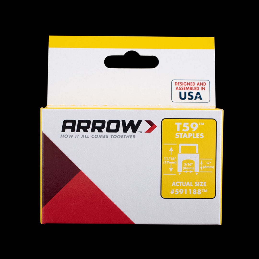 ARROW T59 Insulated Clear Staples, 6mm x 8mm, durable steel with plastic insulator, ideal for cable management, pack of 300.