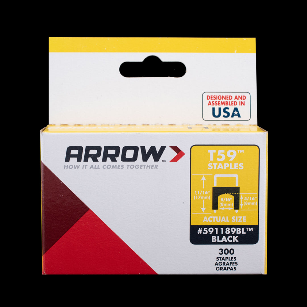 ARROW T59 Insulated Black Staples, 300 pieces, 8mm x 8mm, durable steel with black plastic insulator for secure cable management.