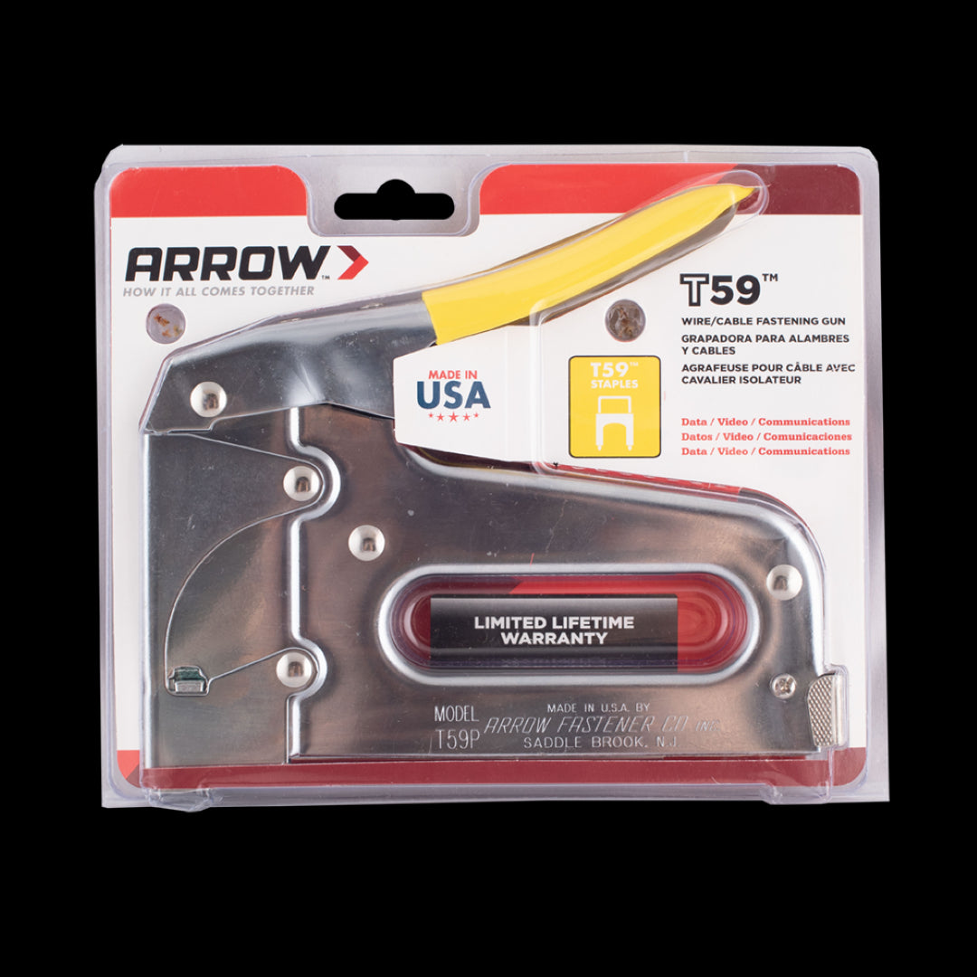 Arrow T59 Insulated Cable Staple Gun securing Cat 5 and RG-6 cables with a grooved guide and chrome-finished steel construction.