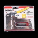 Arrow T59 Insulated Cable Staple Gun securing Cat 5 and RG-6 cables with a grooved guide and chrome-finished steel construction.