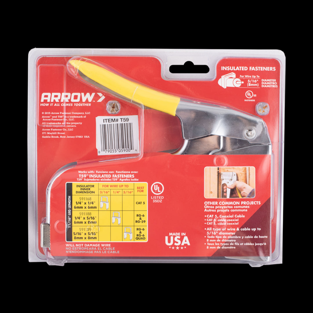 Arrow T59 Insulated Cable Staple Gun featuring all-steel construction, jam-proof mechanism, and grooved guide for precise cable installation.