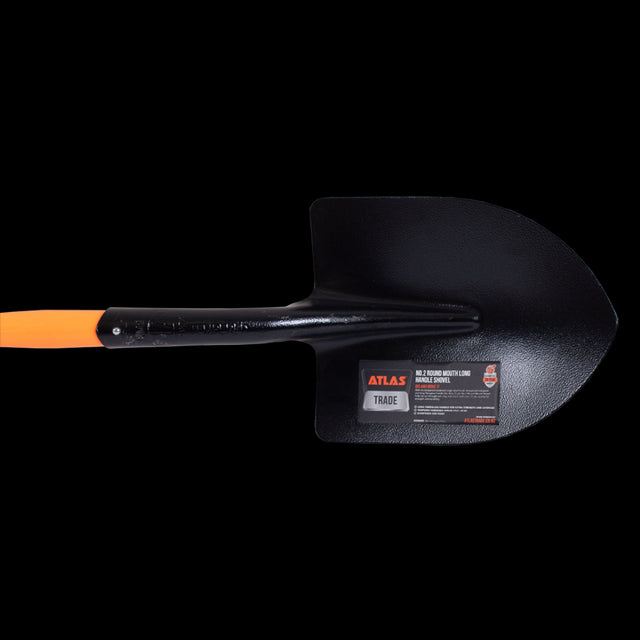 ATLAS Round Mouth Shovel with a durable fibreglass handle and steel head, designed for efficient gardening and digging tasks.