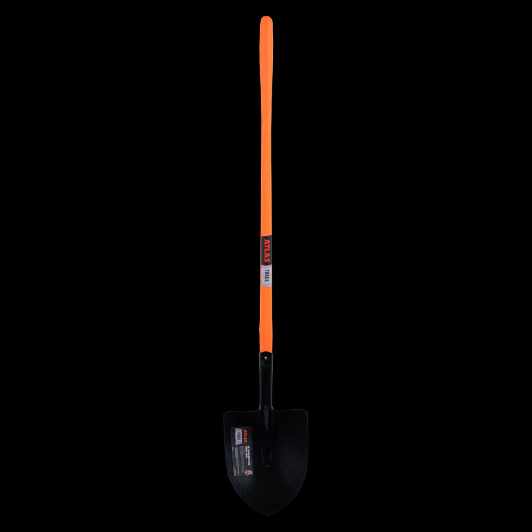 ATLAS Round Mouth Shovel with a long fibreglass handle, featuring a tempered steel head for digging tough soil and mulch.