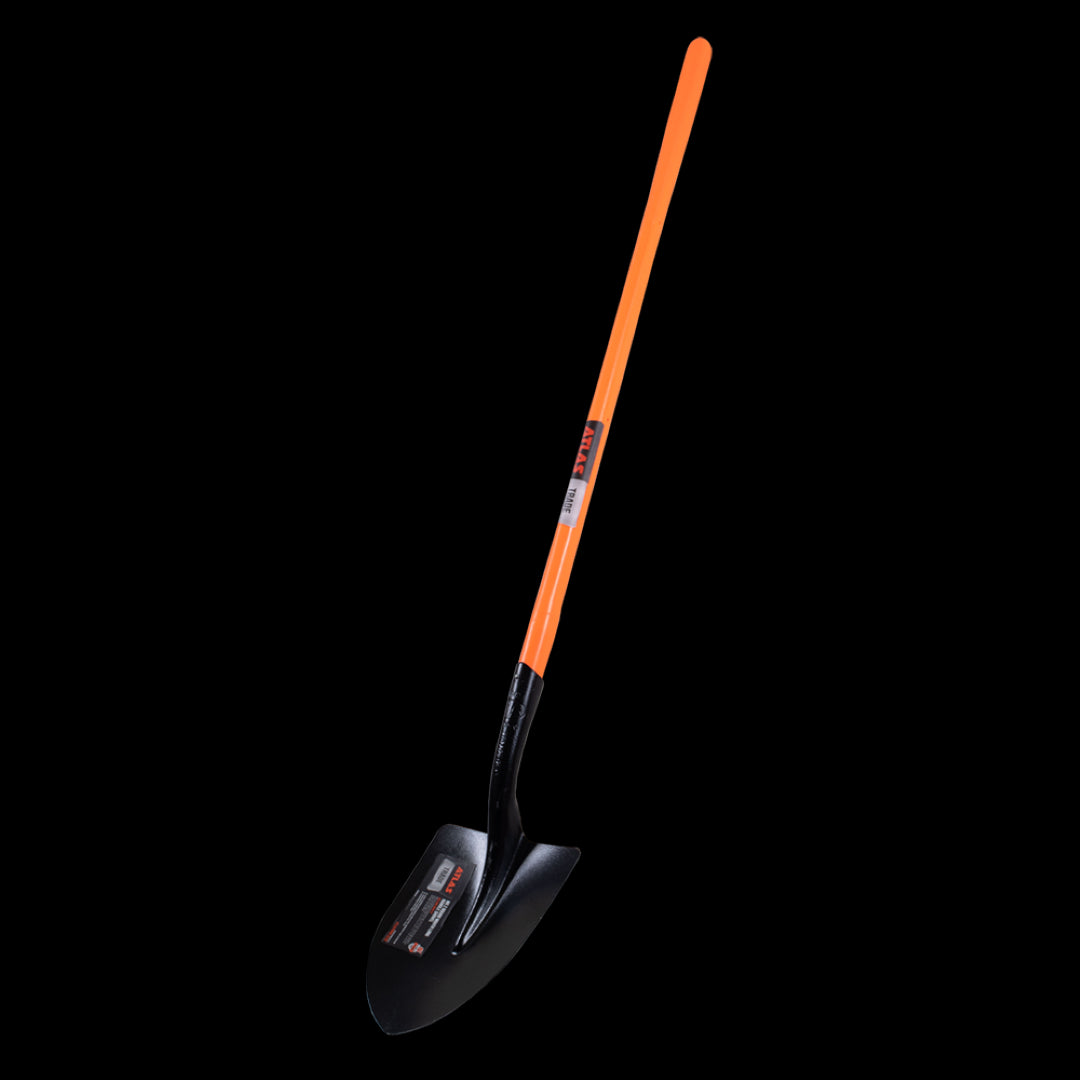 ATLAS Round Mouth Shovel with long fibreglass handle, featuring a tempered steel head for precise digging in tough soil.