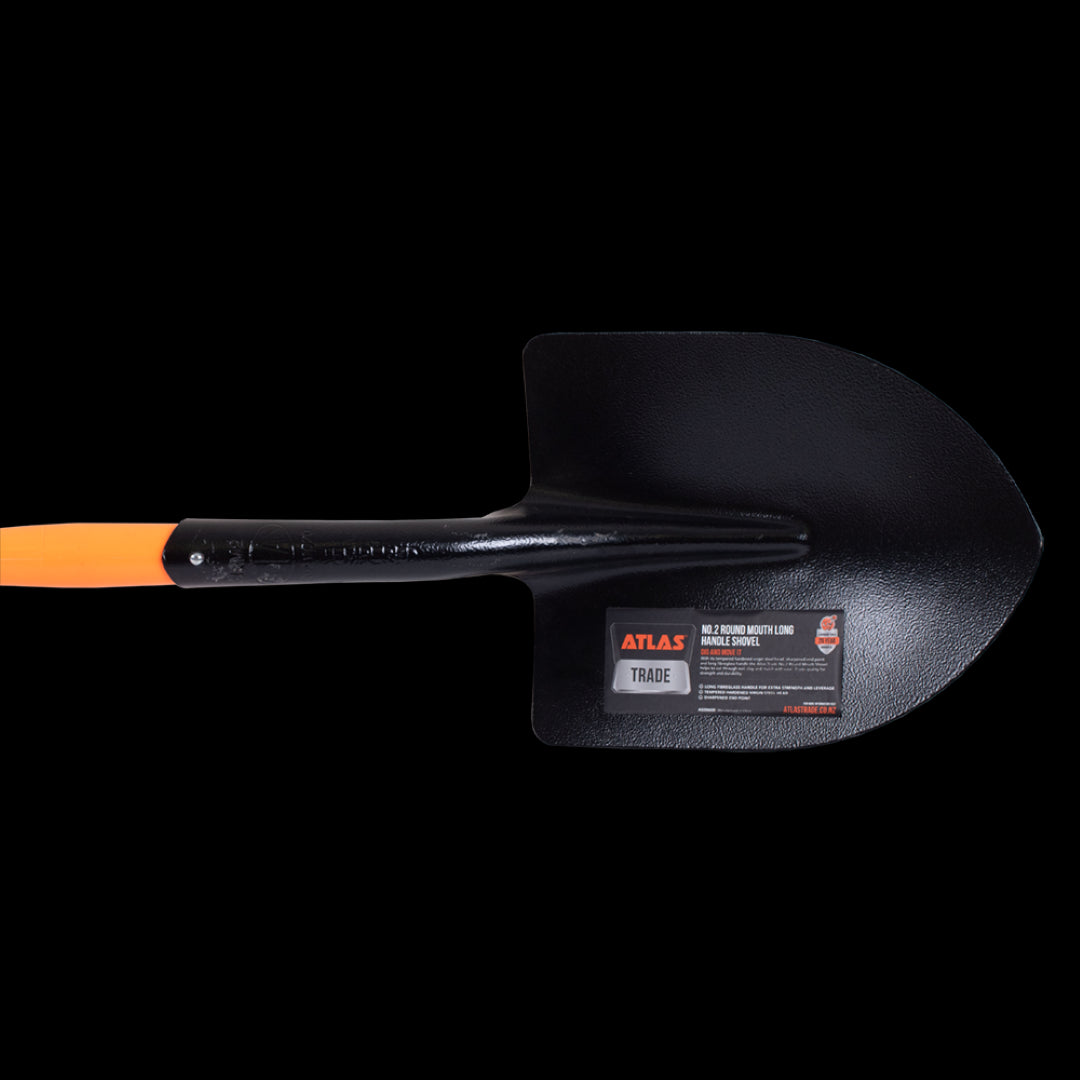 ATLAS Round Mouth Shovel with long fibreglass handle, tempered steel head for digging tough soil and mulch efficiently.