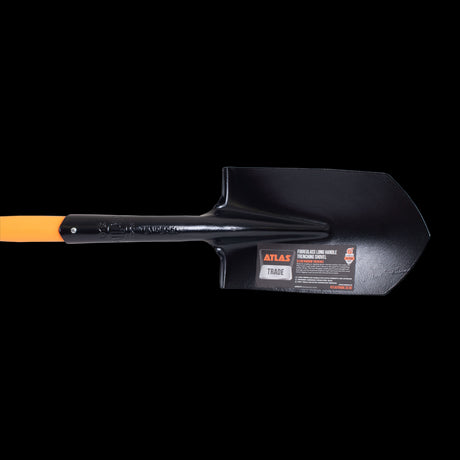 ATLAS Trenching Shovel showcasing a long fibreglass handle and tempered steel head, ideal for efficient trenching and digging.