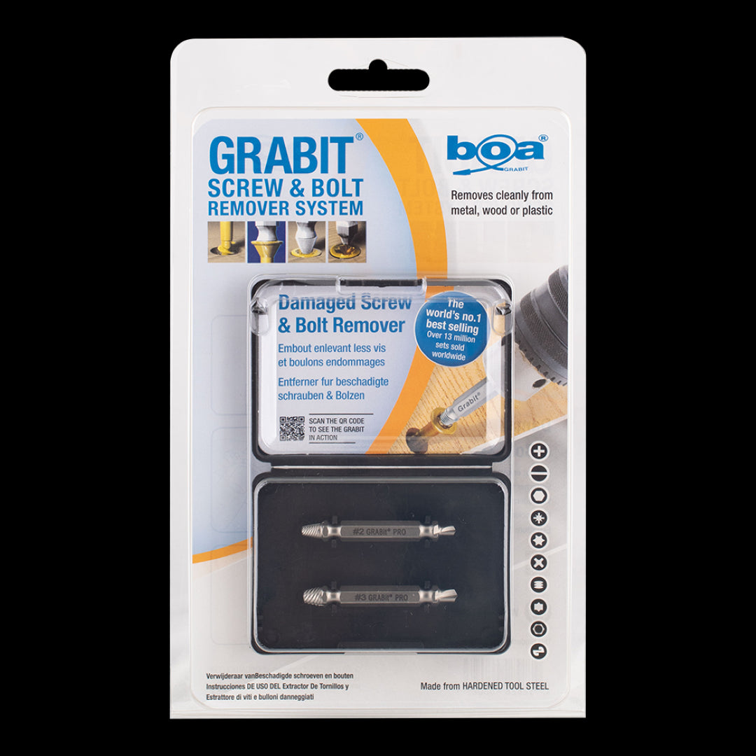 BOA GRABIT® Screw & Bolt Remover Set featuring hardened steel extractors for effortless removal of damaged screws and bolts.