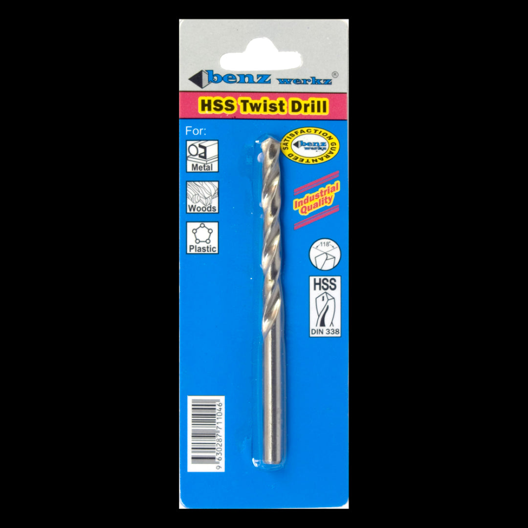 BENZ WERKZ 4.5mm HSS Twist Drill Bit designed for precise drilling in metal, wood, and plastic with a sharp 118-degree tip.