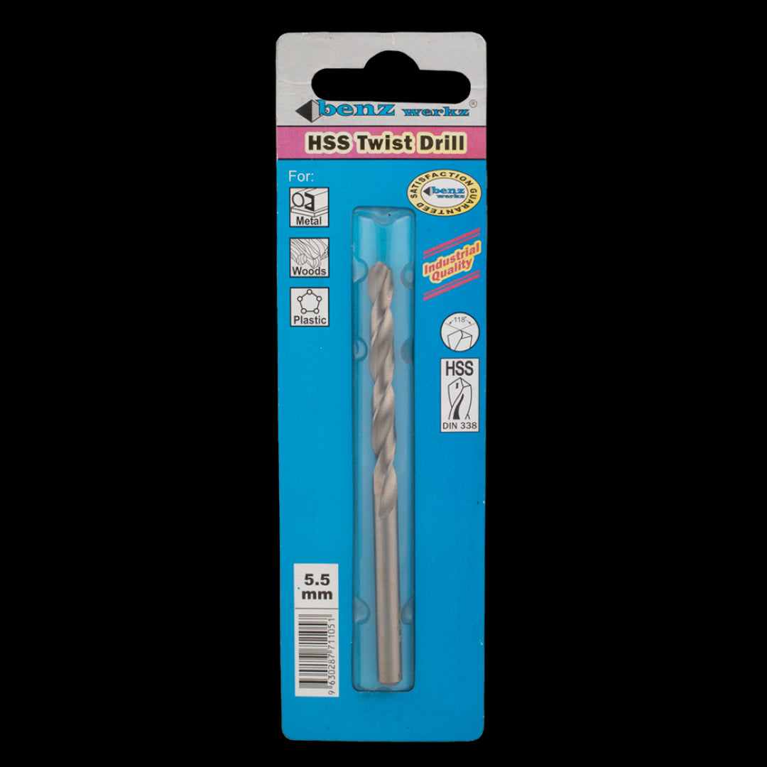 BENZ WERKZ 5.5mm HSS Twist Drill Bit for precise drilling in metal, wood, and plastic with a durable 118-degree tip angle.