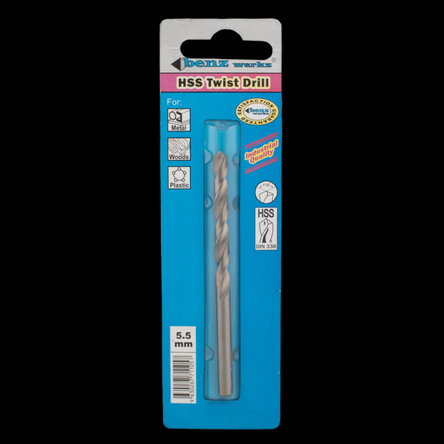 BENZ WERKZ 5.5mm HSS Twist Drill Bit for precise drilling in metal, wood, and plastic with a durable 118-degree tip angle.