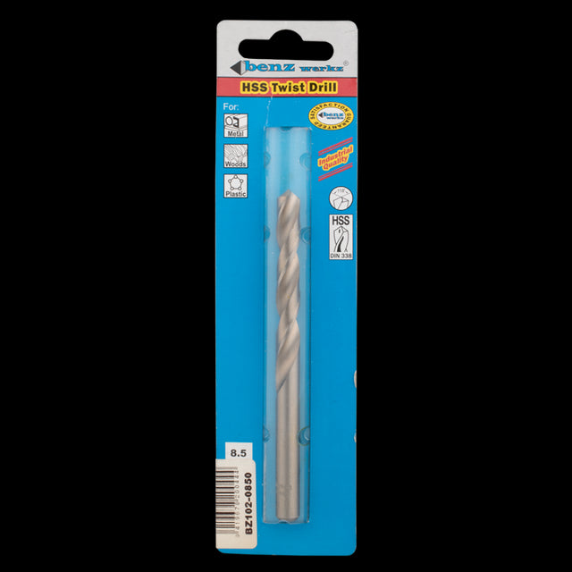 BENZ WERKZ 8.5mm HSS Twist Drill Bit, featuring a 118-degree tip for clean drilling in metal, wood, and plastic. Durable and precise.