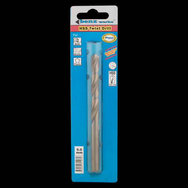 High-speed 9mm HSS twist drill bit with 118-degree tip, perfect for metal, wood, and plastic applications.