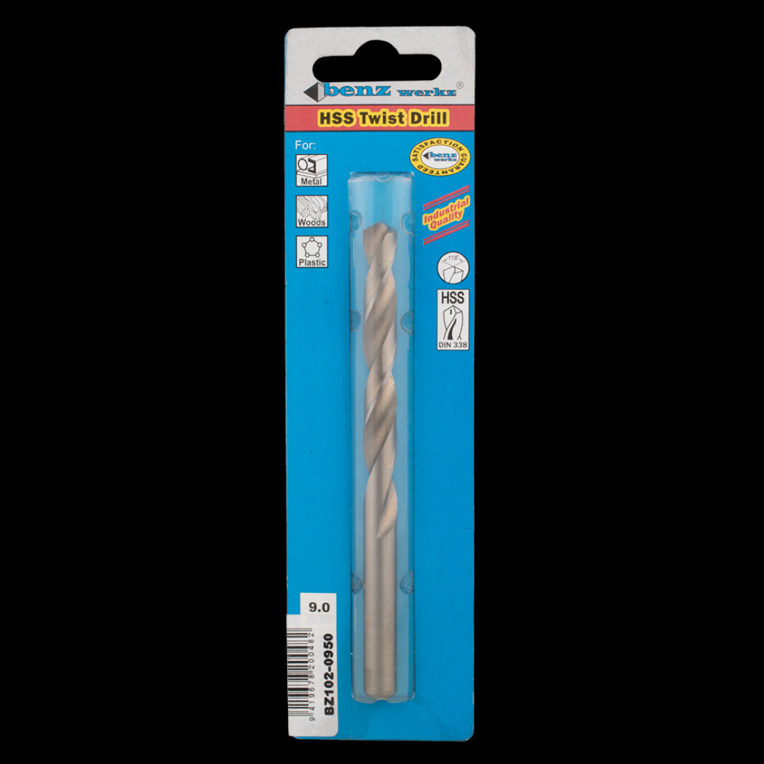 BENZ WERKZ 9.5mm HSS Twist Drill Bit for precision drilling in metal, wood, and plastic, featuring a 118-degree tip angle.