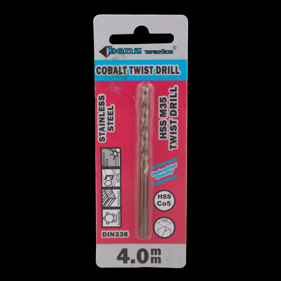 BENZ WERKZ 4mm Cobalt Twist Drill Bit for precision drilling in metal, wood, and plastic with a durable 5% cobalt formulation.