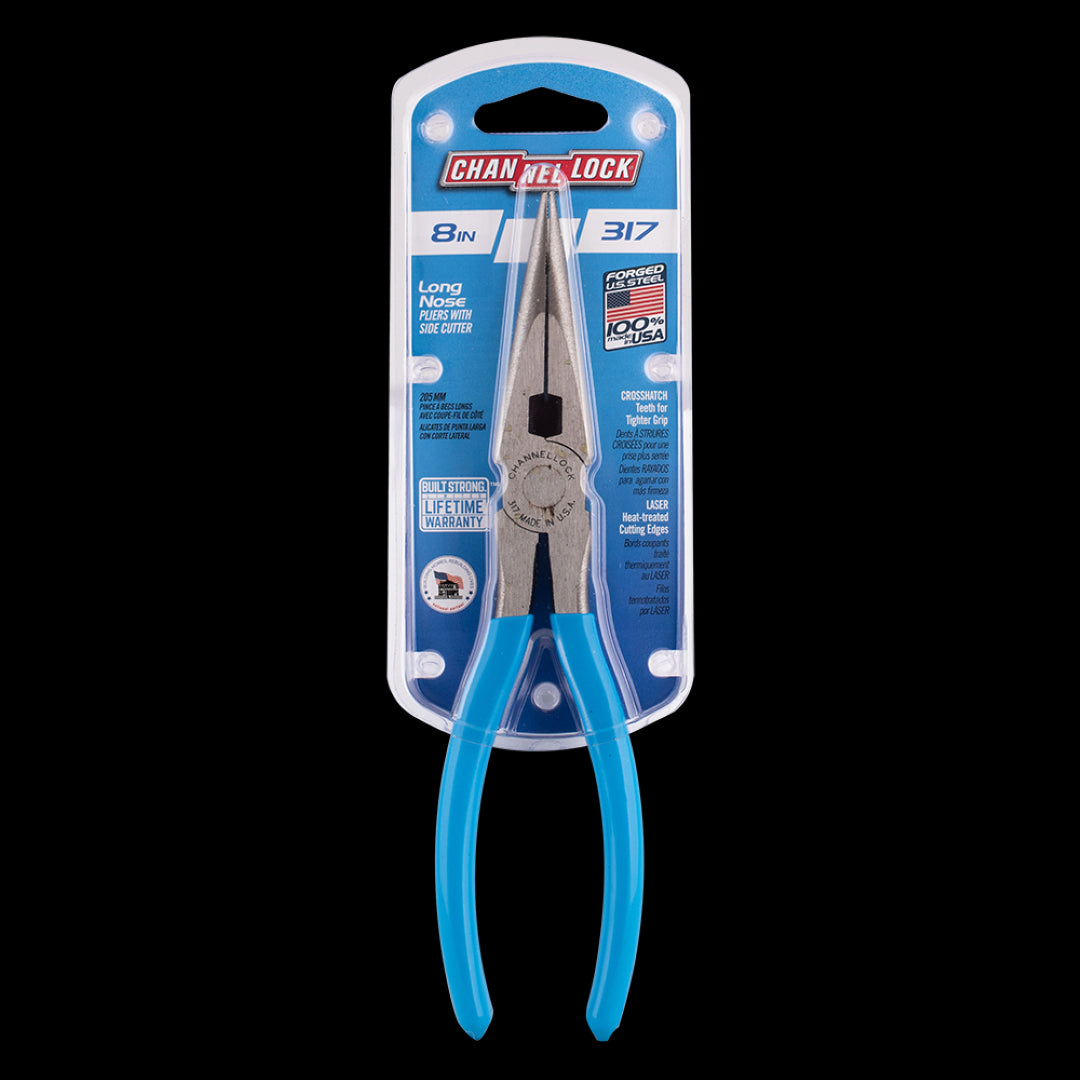 CHANNELLOCK 205mm Long Nose Pliers with ergonomic grips, precise narrow nose, and maximum grip crosshatch teeth for exceptional access.