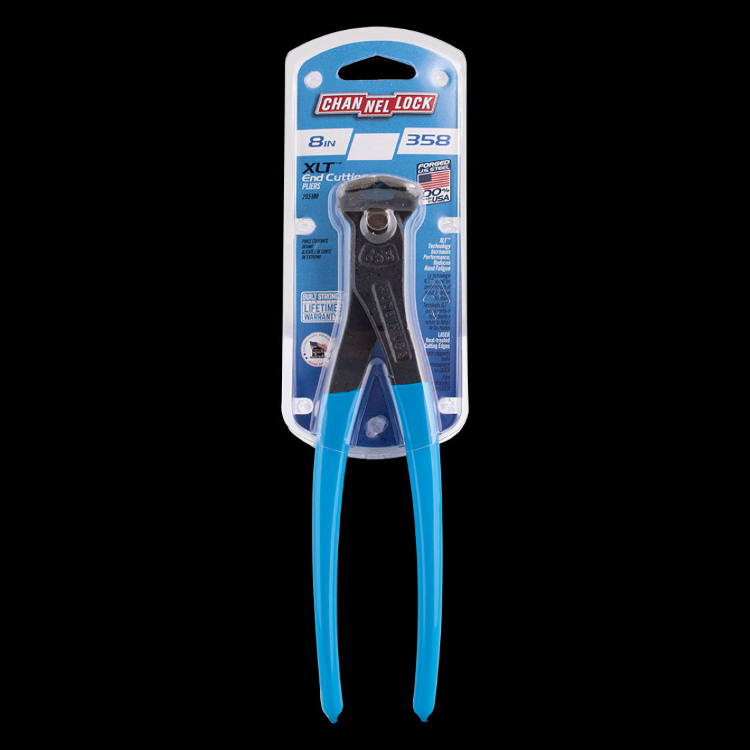 CHANNELLOCK 205mm End Cutting Plier showcasing Xtreme Leverage Technology, laser heat-treated edges, and ergonomic blue grips.