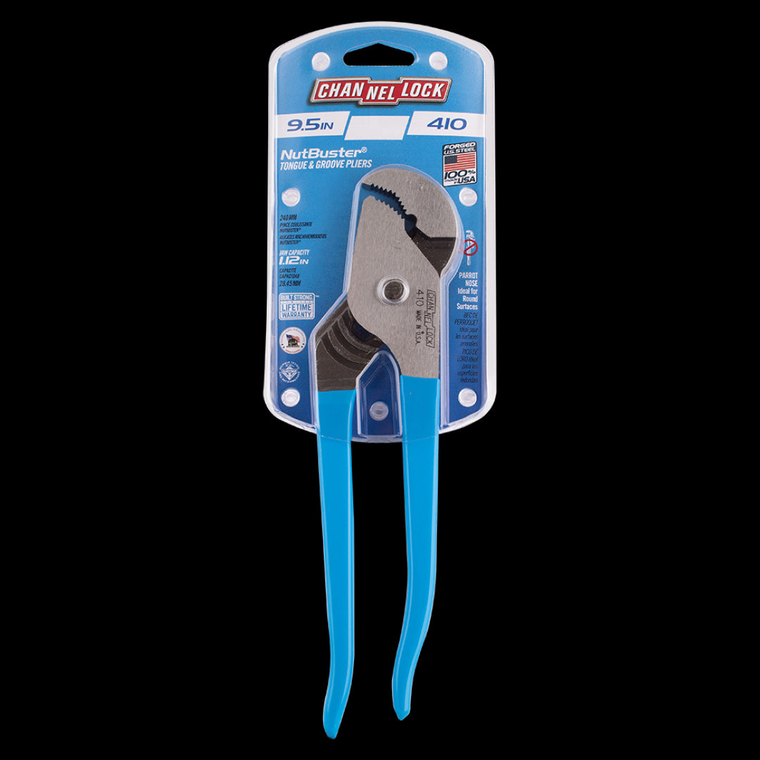 CHANNELLOCK 240mm Nutbuster® pliers with parrot nose design for secure gripping on round surfaces, perfect for plumbing tasks.