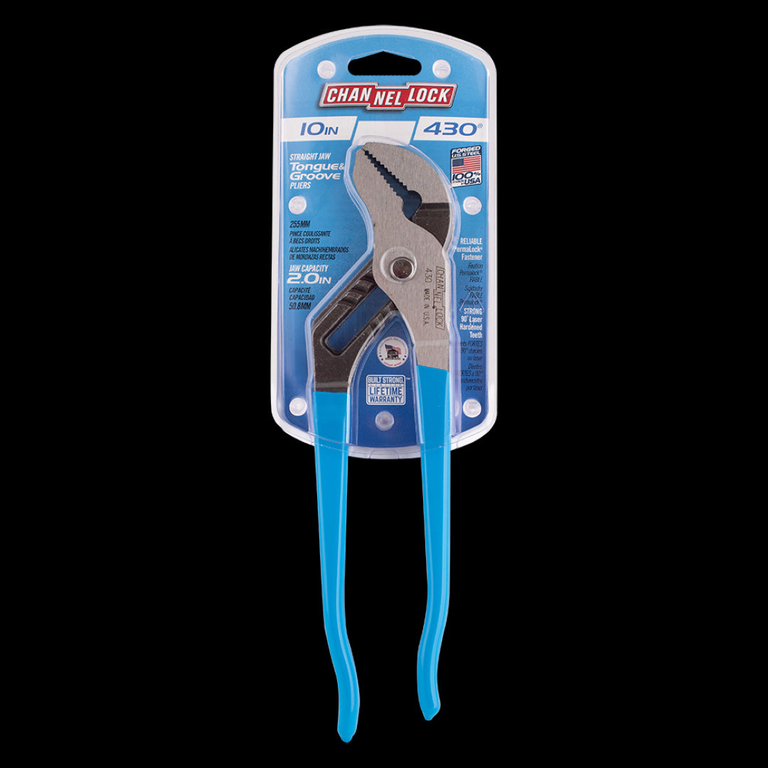 CHANNELLOCK 255mm Straight Jaw Tongue & Groove Plier featuring high carbon steel, laser-hardened teeth, and ergonomic blue grips.