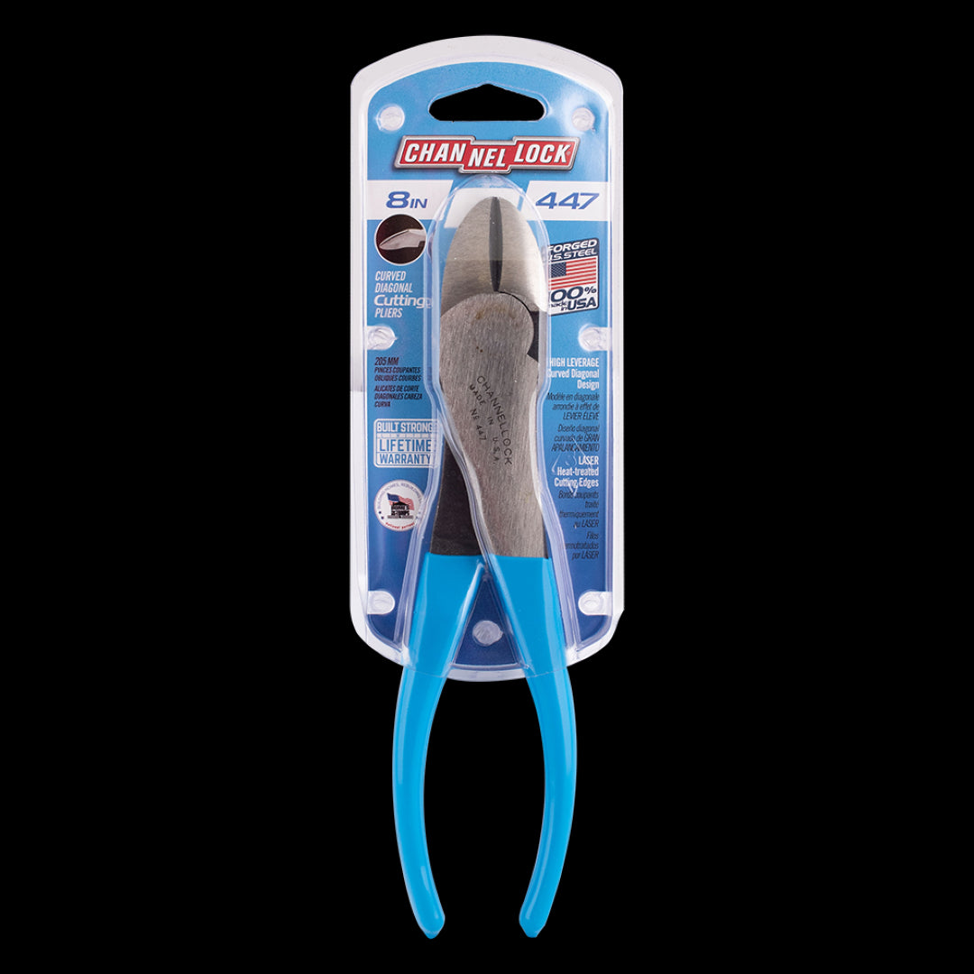 CHANNELLOCK 205mm Curved Diagonal Cutting Pliers with blue grips, designed for precision cutting in tight spaces, made in the USA.