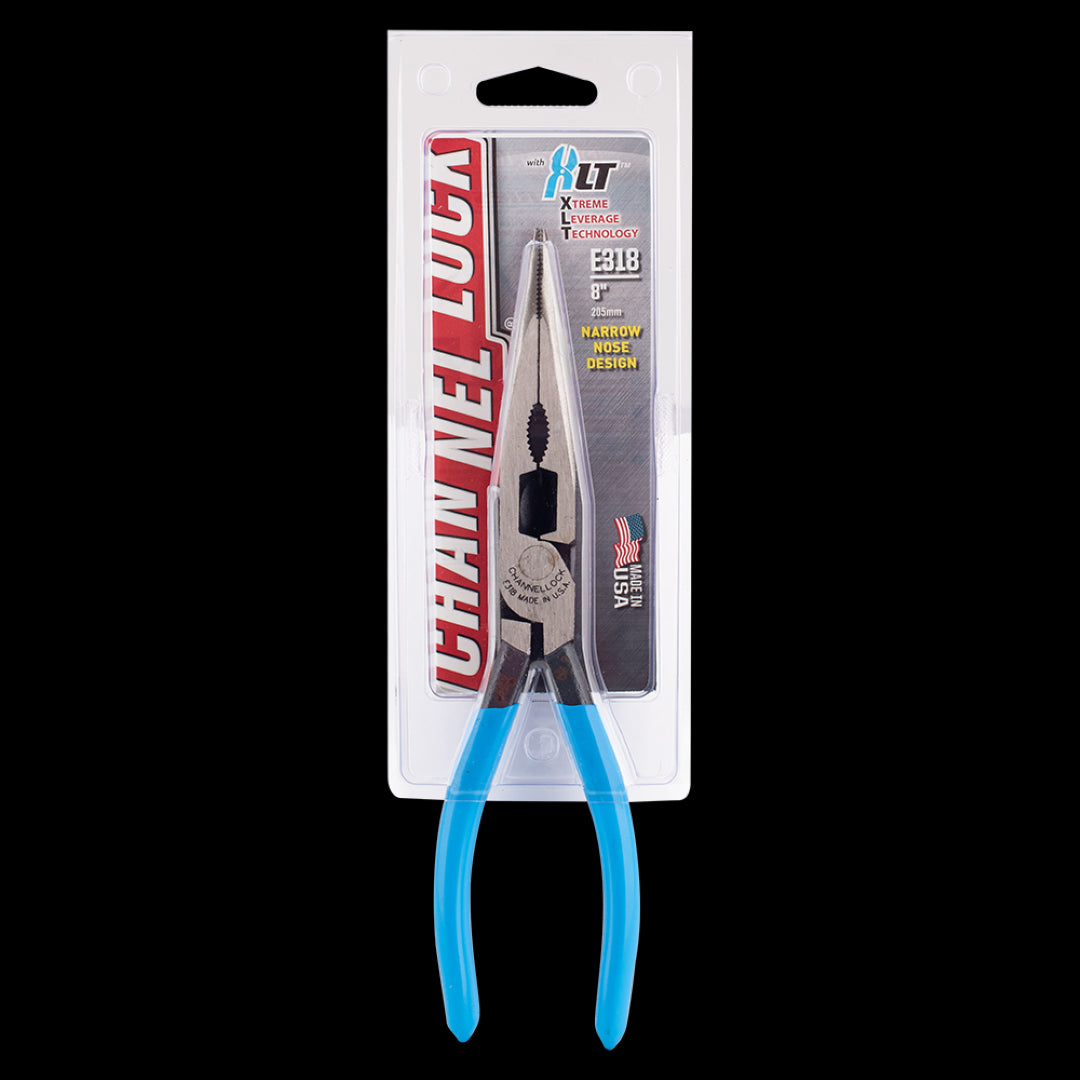 CHANNELLOCK 205mm Long Nose Plier with Xtreme Leverage Technology, blue grips, and crosshatch jaws for superior grip and comfort.