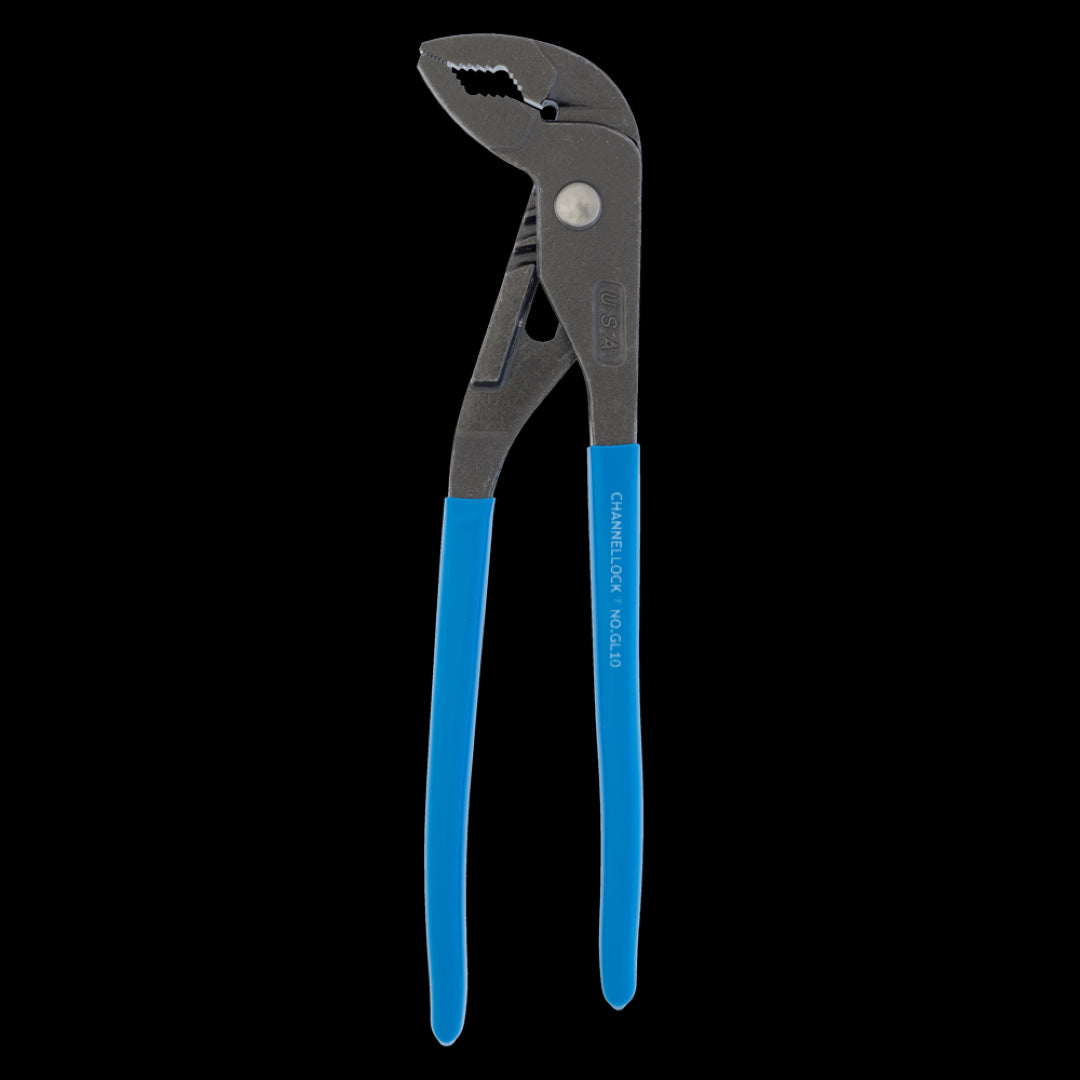 CHANNELLOCK 240mm Griplock Tongue & Groove Plier features ergonomic grips, a patented Safe-T-Stop, and durable forged steel construction.