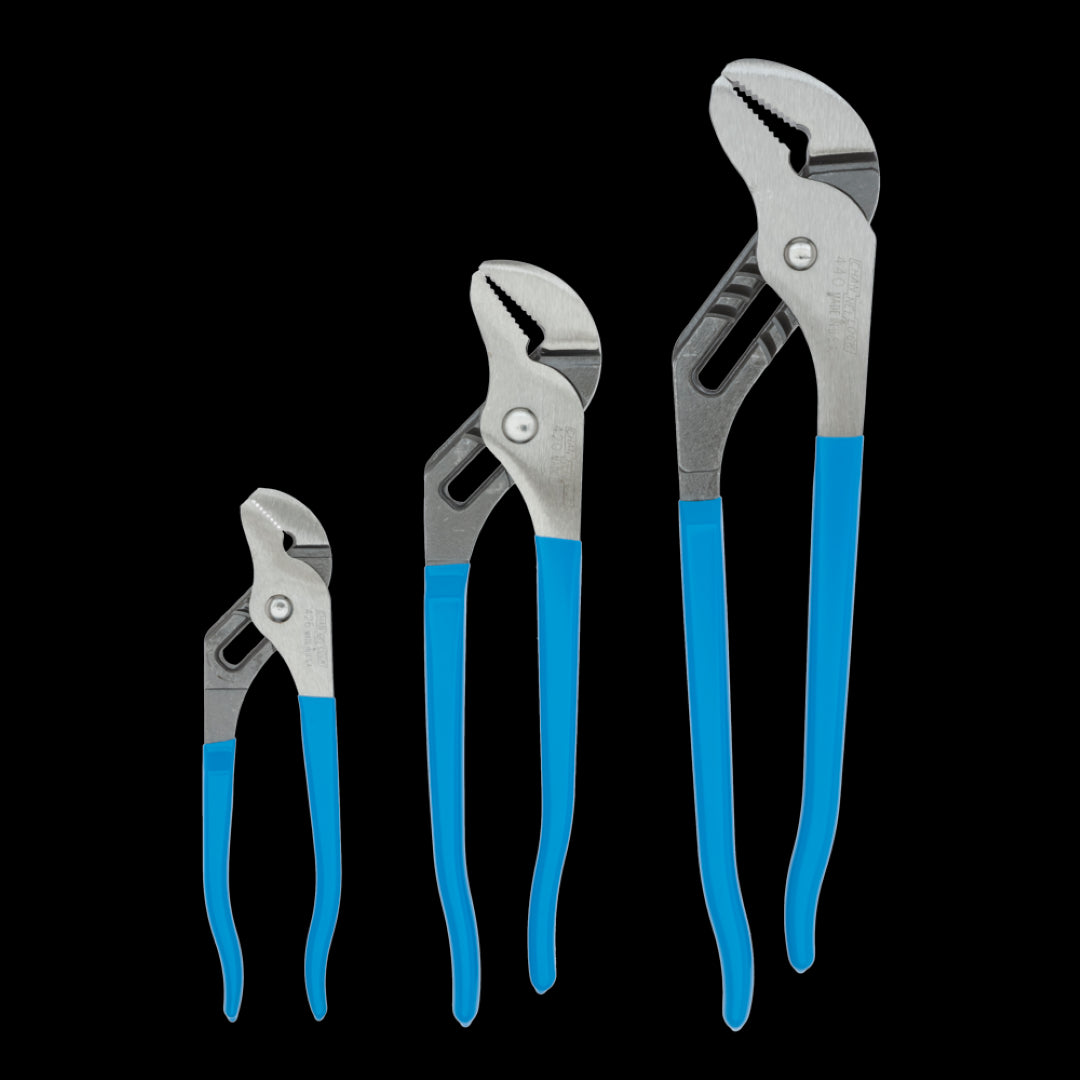 CHANNELLOCK 3pc Straight Jaw Tongue & Groove Plier Set with enhanced grip, high-carbon steel, and comfortable blue grips.