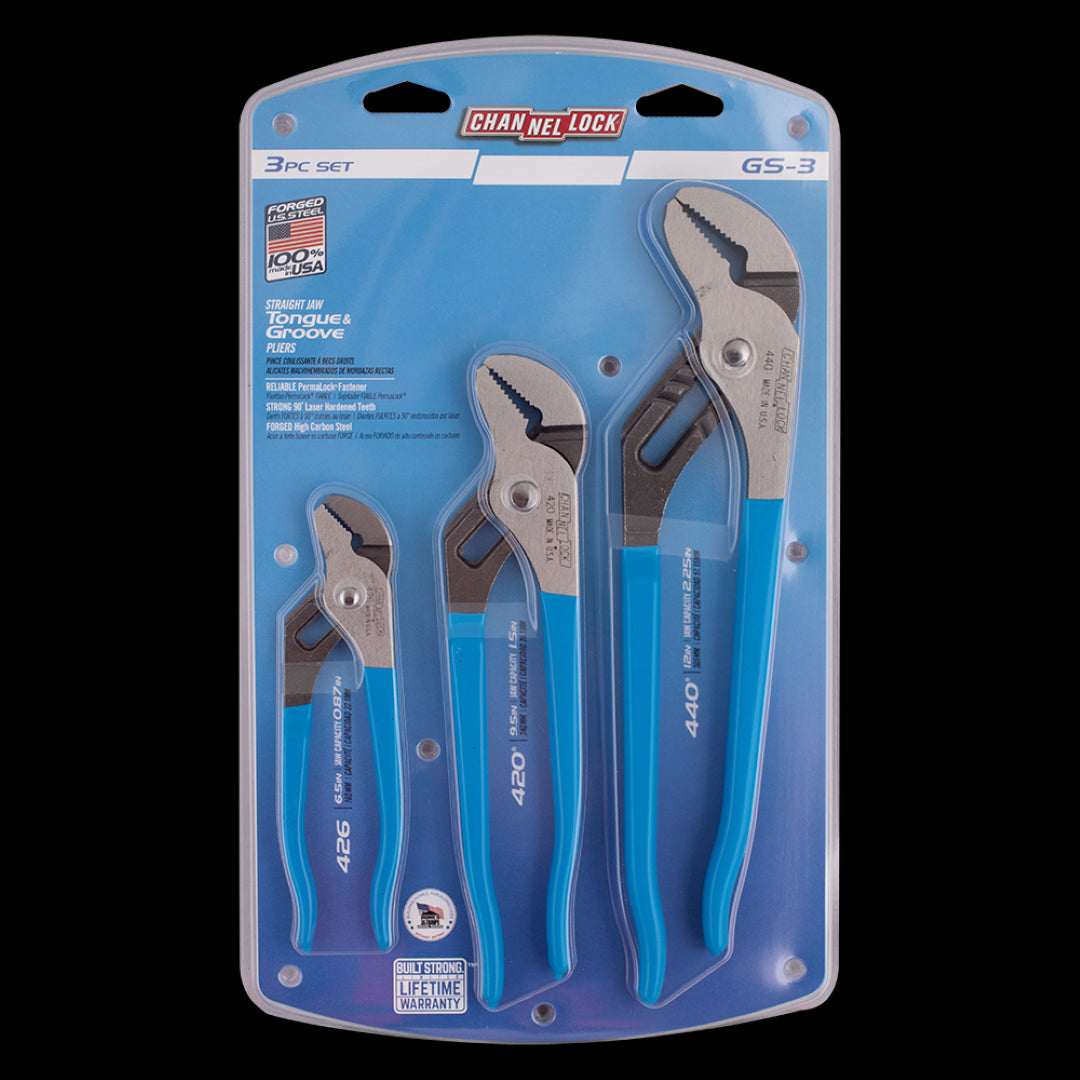 CHANNELLOCK 3pc Straight Jaw Tongue & Groove Plier Set featuring durable high-carbon steel, comfort grips, and rust prevention.