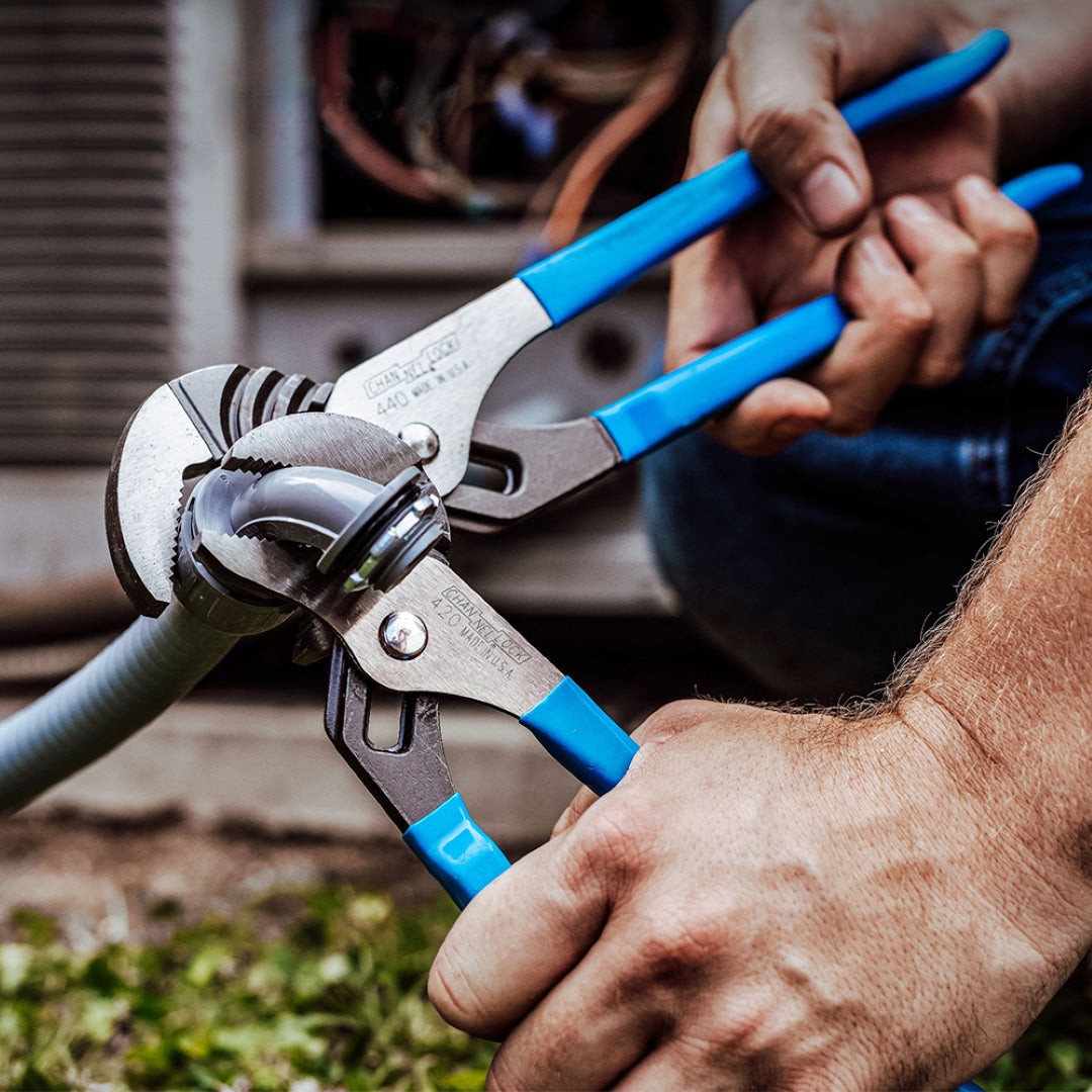 CHANNELLOCK Straight Jaw Tongue & Groove Plier 3pc Set with blue grips, high-carbon steel, and rust prevention features.