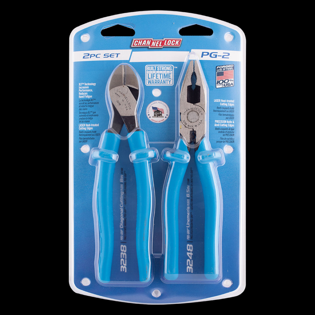 CHANNELLOCK Linesman and Diagonal Cutting Plier Set with insulated grips, high carbon steel, and precision cutting edges for electrical work.