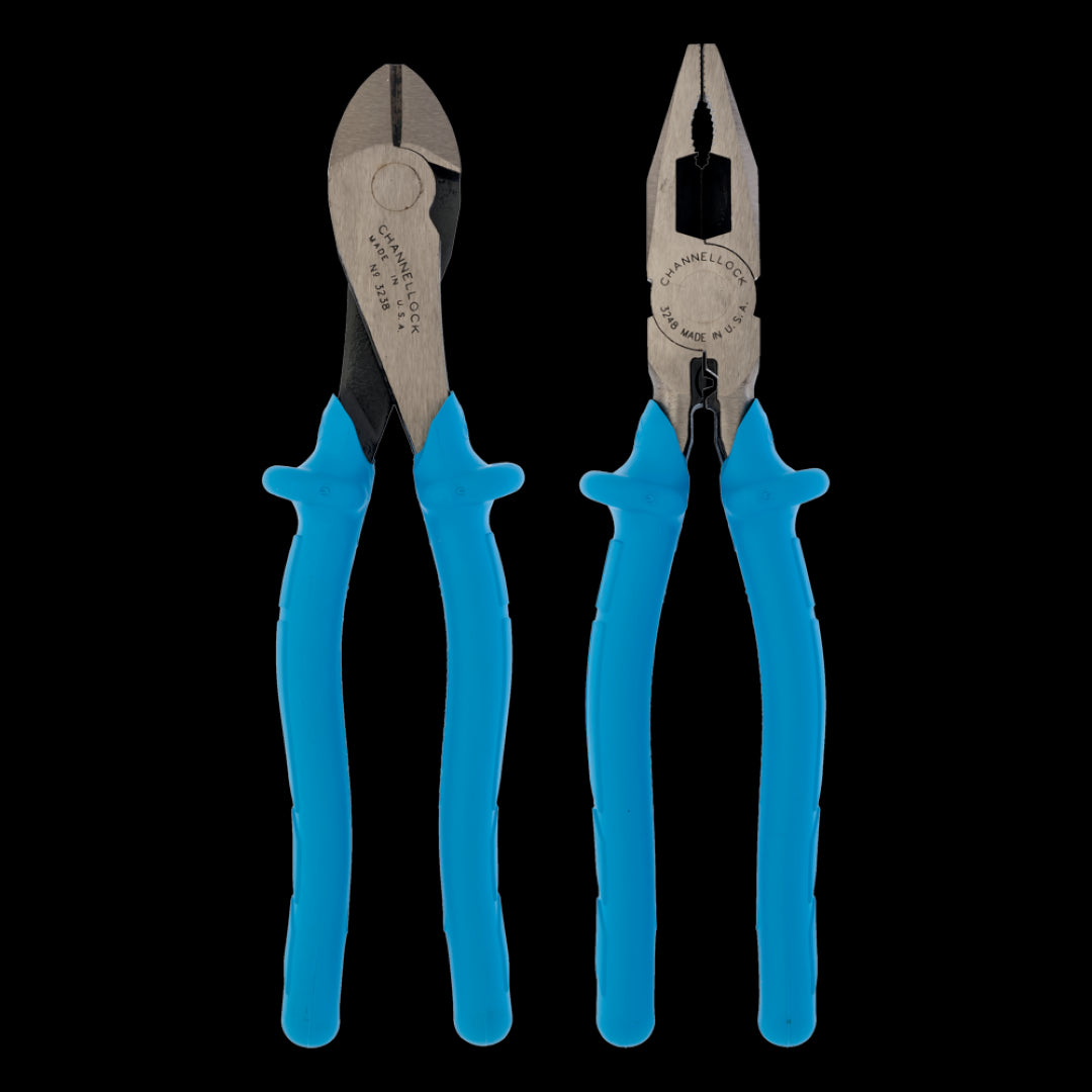 CHANNELLOCK Linesman and Diagonal Cutting Plier Set featuring insulated grips, precision machined edges, and rust prevention.