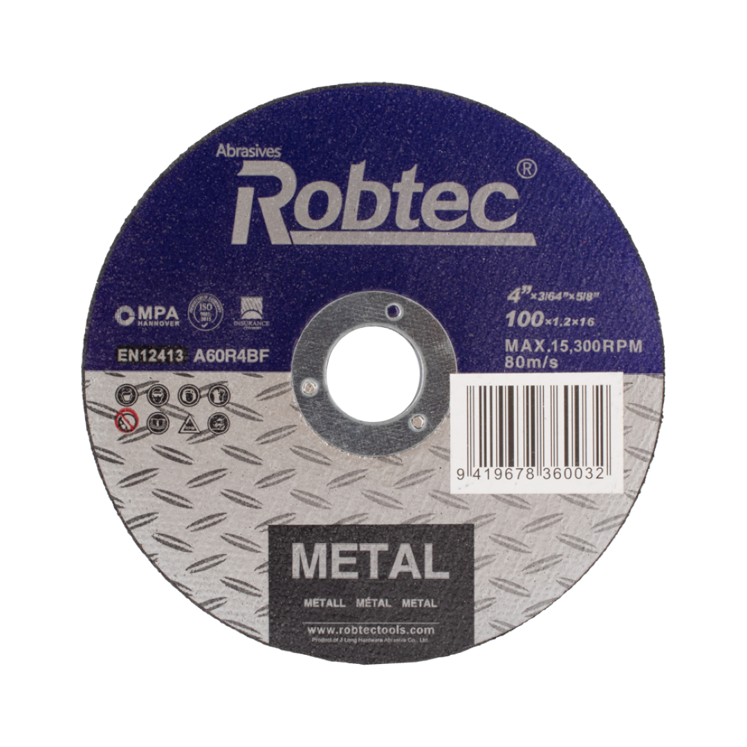 ROBTEC Cutting Wheel for Metal, 100mm diameter, 1.2mm thick, designed for precise and efficient metal cutting with high safety standards.