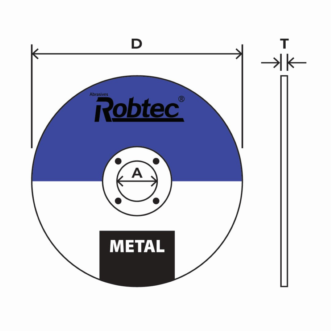 ROBTEC 100mm cutting wheel for metal, featuring fiberglass reinforcement, aluminum oxide grain, and blue color-coded for metalwork.