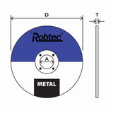 ROBTEC 100mm cutting wheel for metal, featuring fiberglass reinforcement, aluminum oxide grain, and blue color-coded for metalwork.