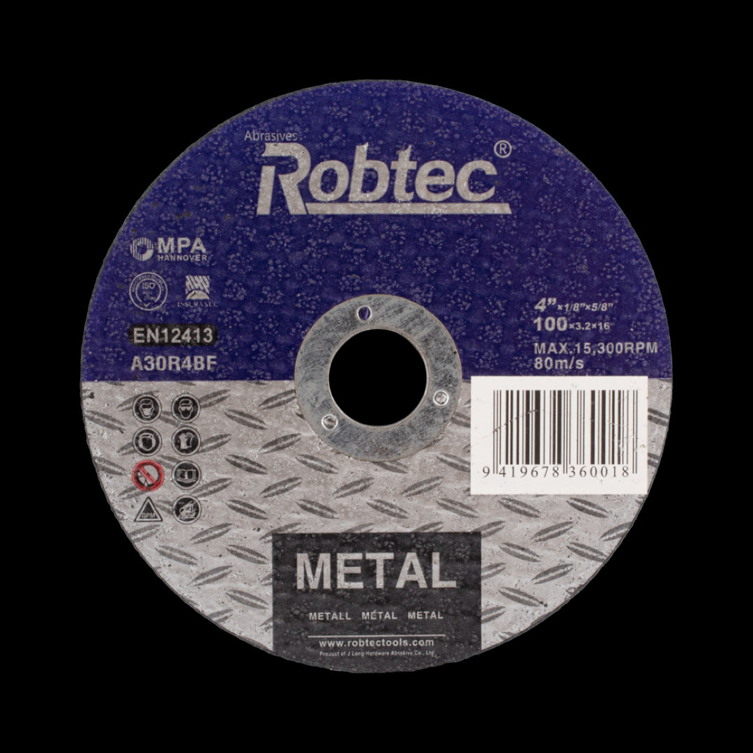 ROBTEC Cutting Wheel for Metal, blue, 100mm diameter, 3.2mm thick, designed for precision cutting with safety features.