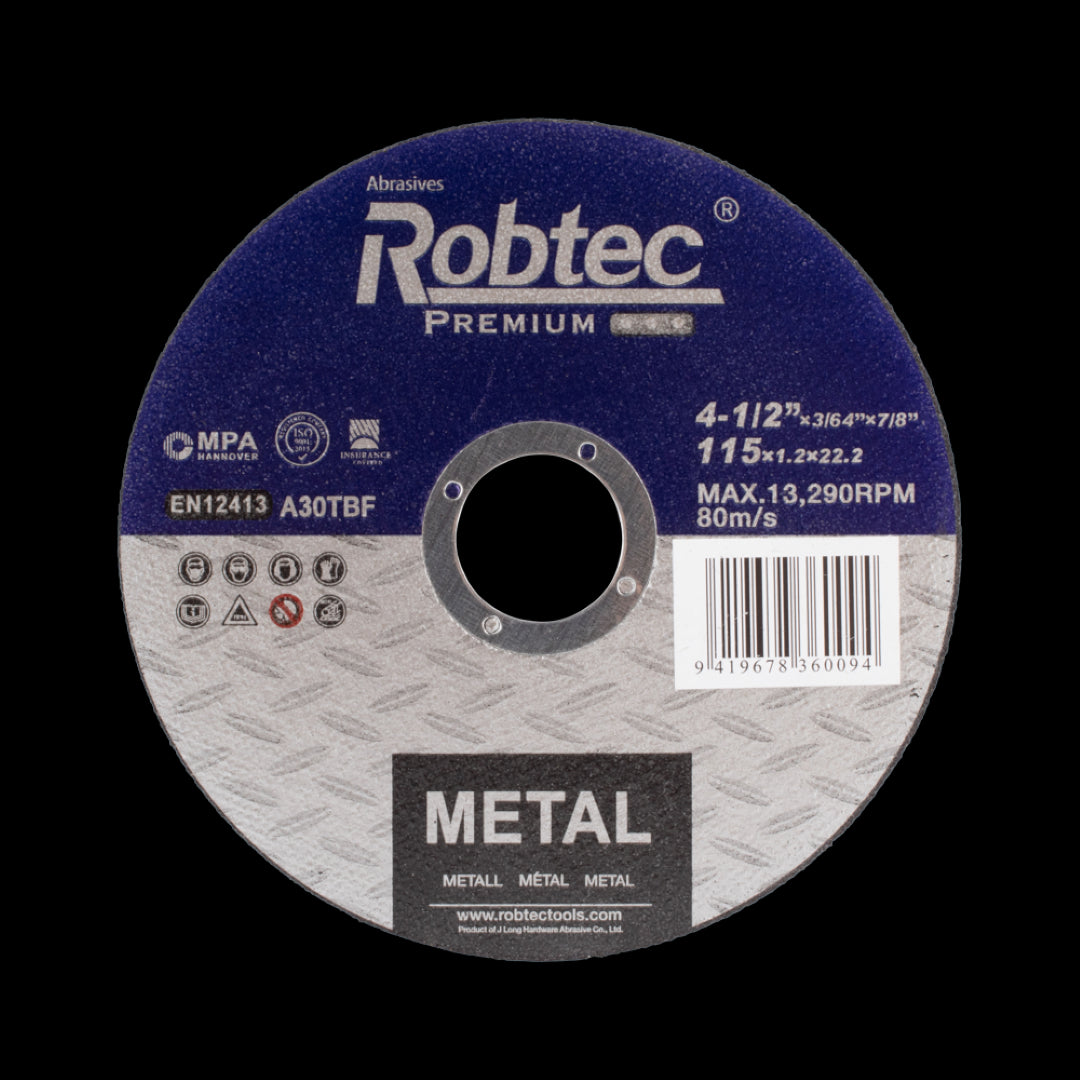 ROBTEC blue cutting wheel for metal, 115mm diameter, designed for precision cutting with safety features and ISO 9001 certification.