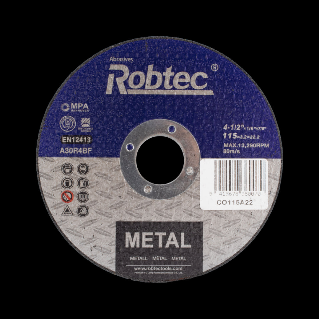 ROBTEC Cutting Wheel for Metal, 115mm, blue-coded for durability and safety, ideal for precise metal and steel cutting tasks.