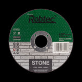 ROBTEC 115mm cutting wheel for stone, featuring durable silicone carbide, green label for masonry use, and fiberglass safety nets.