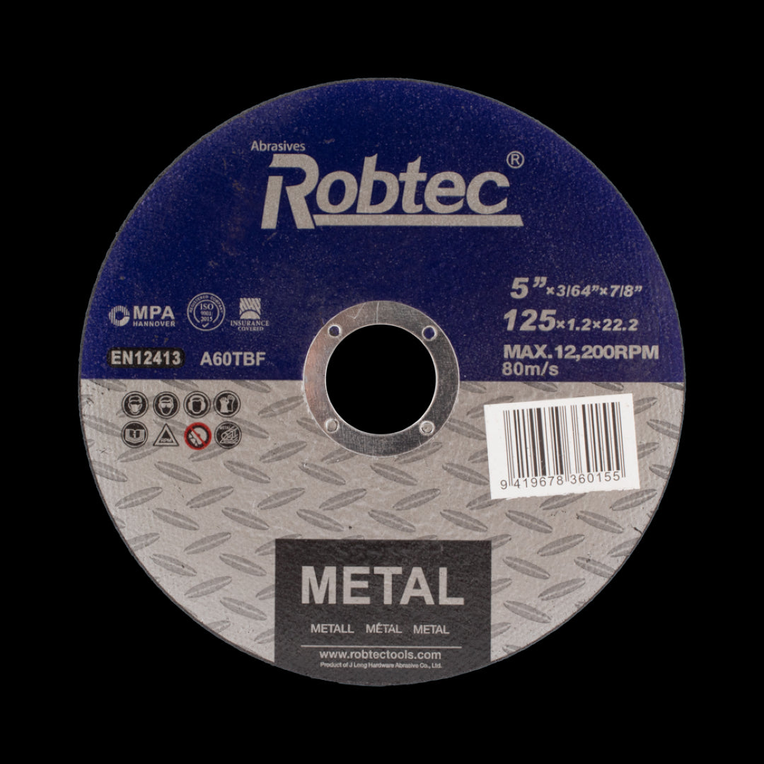 ROBTEC Cutting Wheel for Metal, blue, 125mm, 1.2mm thick, designed for precision cutting with fiberglass reinforcement and ISO 9001 certified.