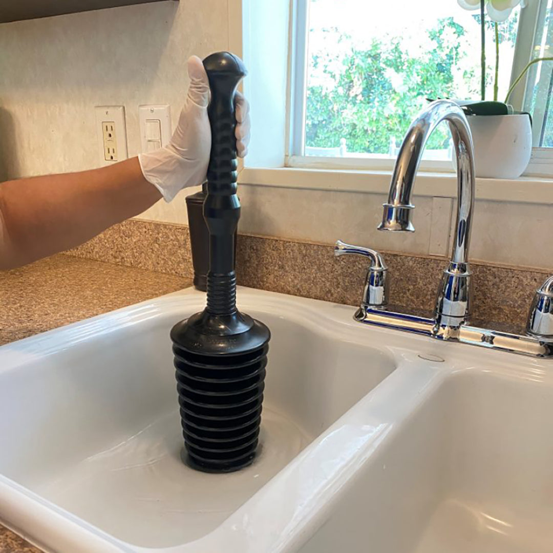 DRAIN KING All Purpose Master Plunger with large bellows for effective clog removal, designed for tight spaces and easy cleaning.