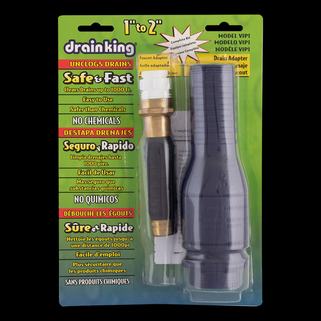 DRAIN KING Water Powered Drain Cleaning Kit, featuring a powerful 1"-2" bladder and faucet adapter for easy unclogging.