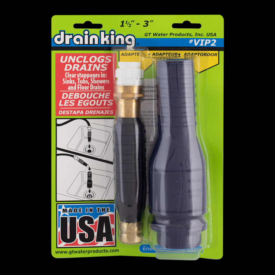 DRAIN KING Water Powered Drain Cleaning Kit for effectively unclogging drains using water pressure, includes adapters and a bladder.