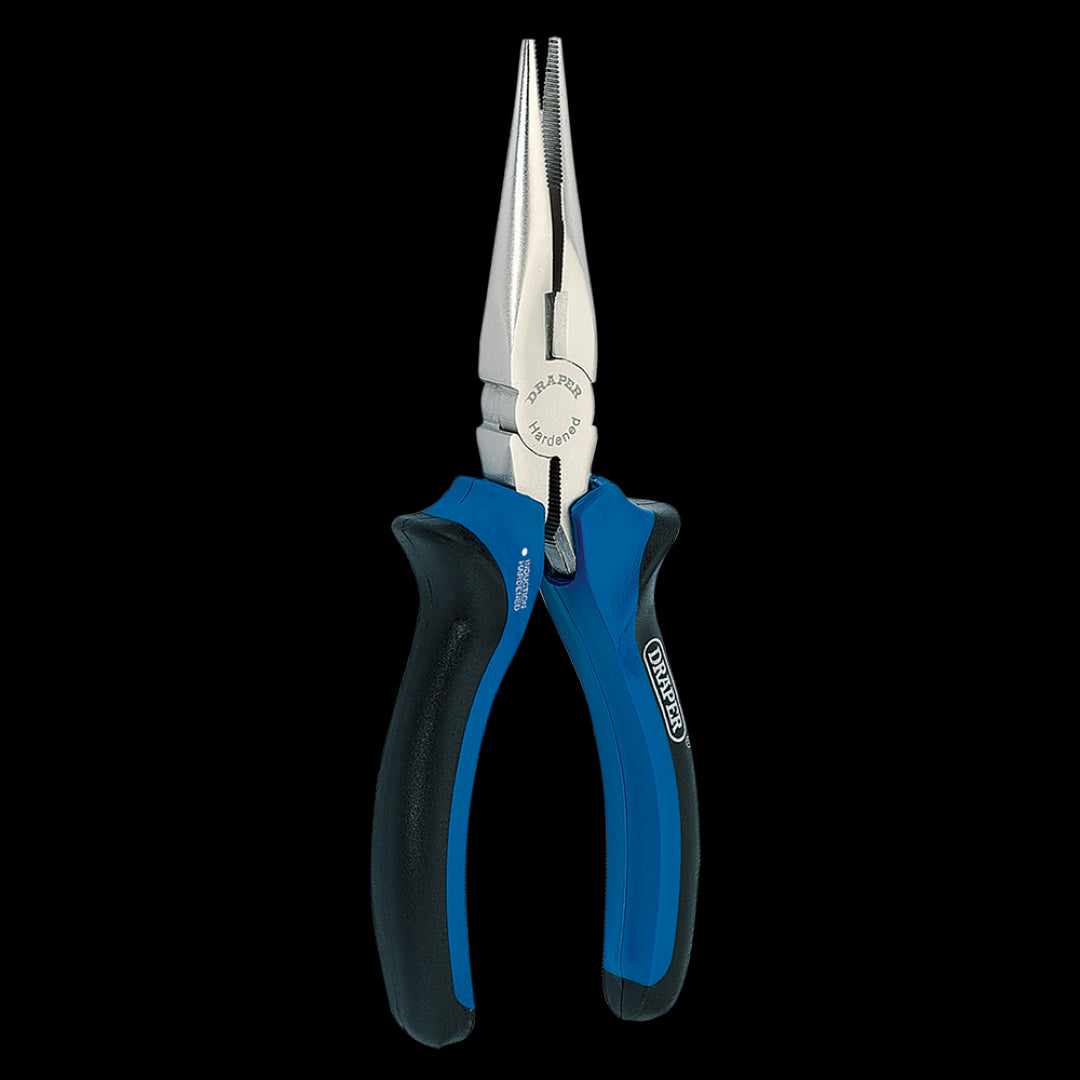 DRAPER 160mm Long Nose Plier with soft grip handles, satin finish, and precision cutting edges for detailed tasks.