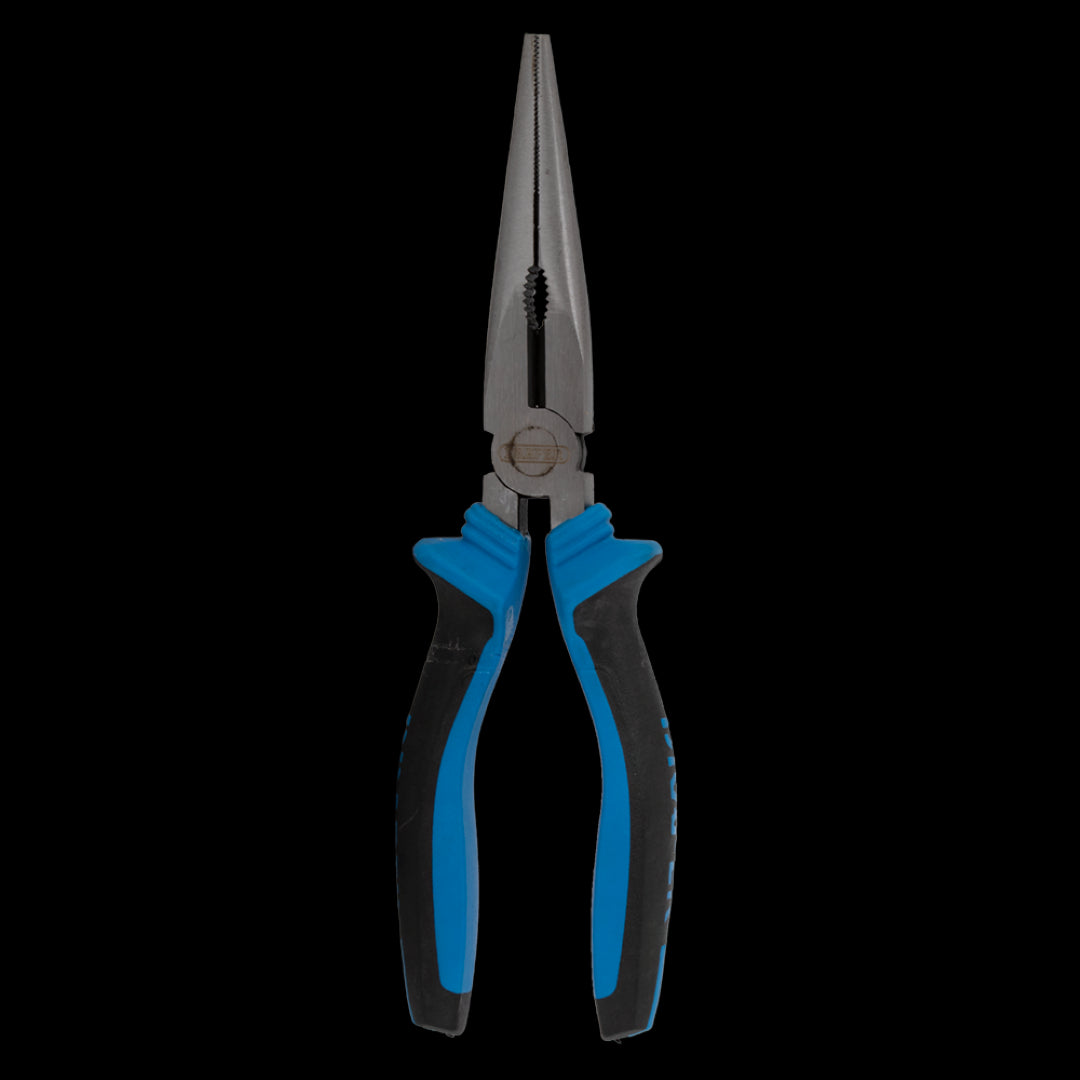 DRAPER 200mm Long Nose Plier with carbon steel construction, ergonomic soft grip handles, and induction-hardened cutting edges.