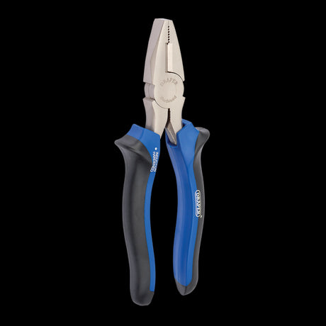 Draper 180mm linesman plier with carbon steel, soft grip handles, and precision cutting edges, ideal for tradesmen and DIY tasks.