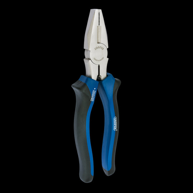 DRAPER 200mm Linesman Plier with carbon steel, soft grip handles, and hardened cutting edges for heavy-duty tasks.