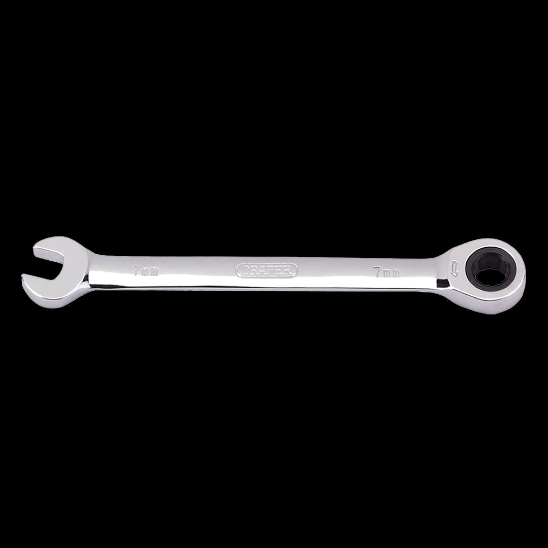 DRAPER 7mm Ratcheting Combination Spanner with chrome vanadium steel, 72-tooth ratchet for efficient tightening in tight spaces.